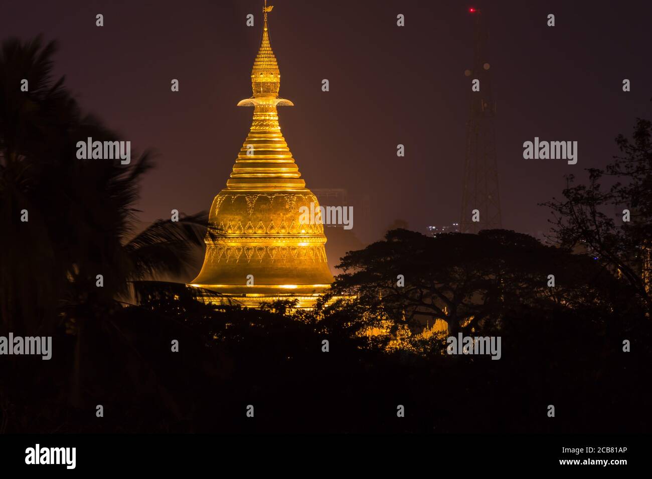 La Pagoda Shwedagon che si illumina nel cielo notturno su Yangon, Myanmar Foto Stock