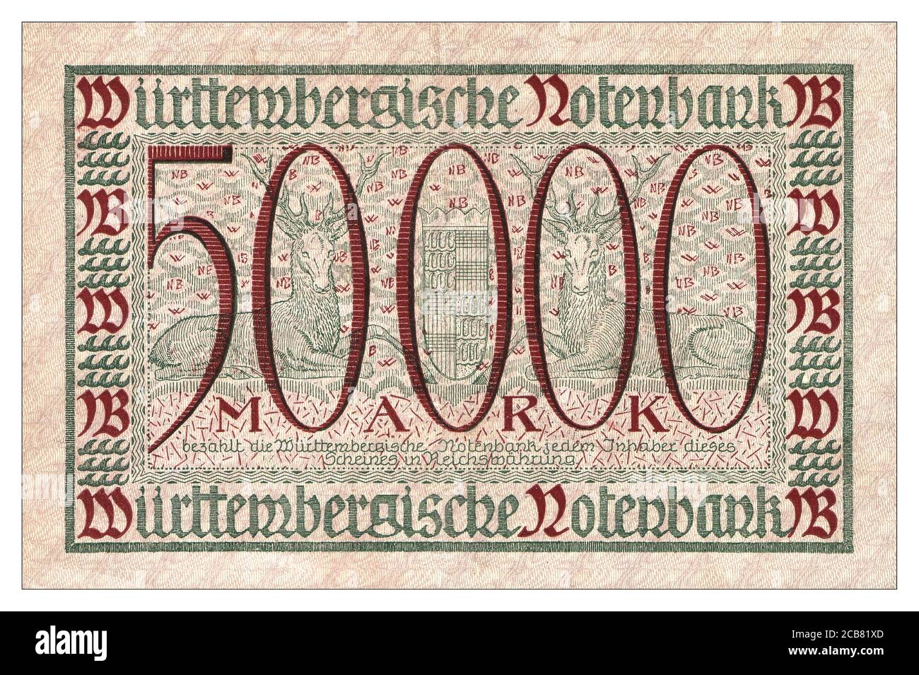 NOTGELD Germania Archivio banconota da 'Notteld' del 1920: 50 000 Mark, Württembergische Notenbank (1923), dimensioni 105 mm x 160 mm. Germania Foto Stock