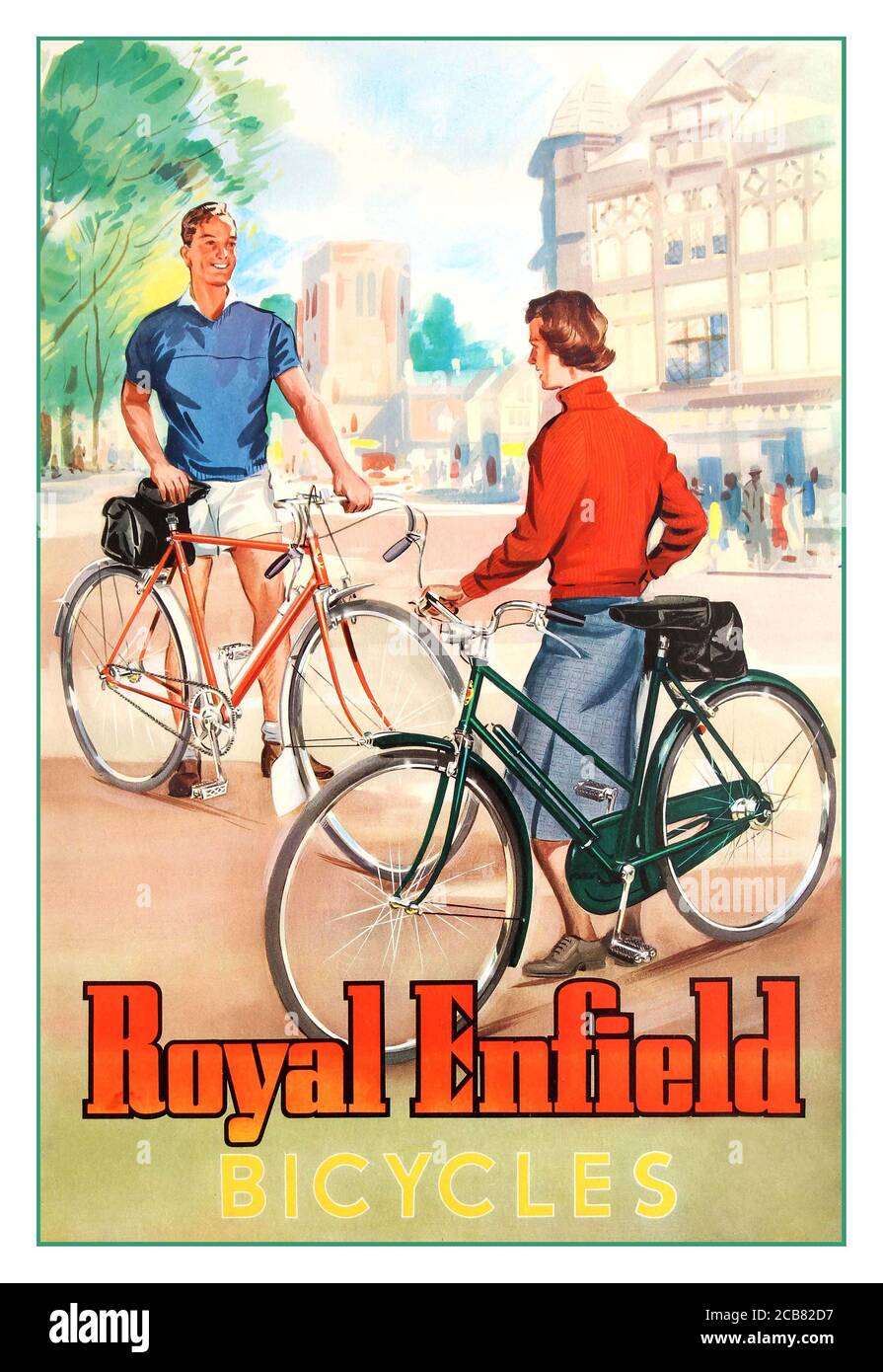 Vintage post WW2 Poster 1950's Royal Enfield Bikes biciclette retro Cycling Advertising Vintage Poster per biciclette Royal Enfield con giovane uomo che indossa una top blu e pantaloncini bianchi che parlano con una giovane donna che indossa un ponticello rosso e una gonna, entrambi in piedi con le loro moto nuove di zecca su una strada alta con gli edifici storici della città e gli alberi raffigurati sullo sfondo, il testo sotto in lettere stilizzate giallo e arancione ombreggiato. Stampato in Inghilterra. 1950 Foto Stock