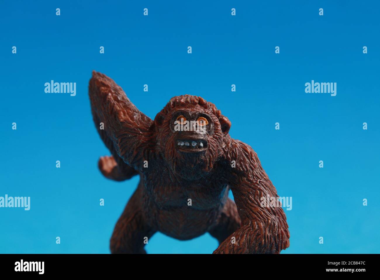 Primo piano di una piccola scimmia giocattolo in gomma su un sfondo blu Foto Stock