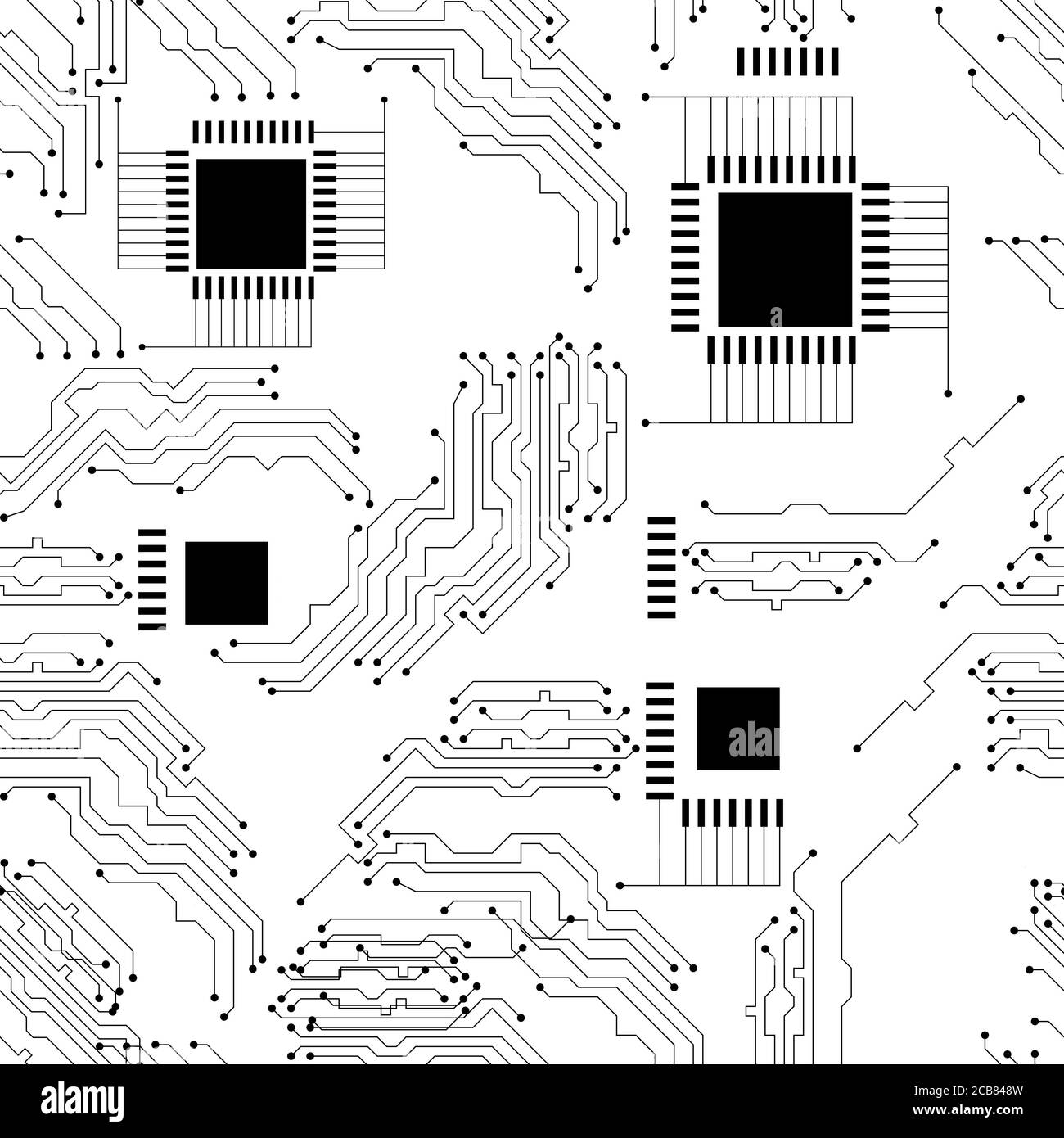 Microcircuito. Retroscena techno astratto. Motivo senza cuciture. Bianco e nero. Illustrazione Vettoriale