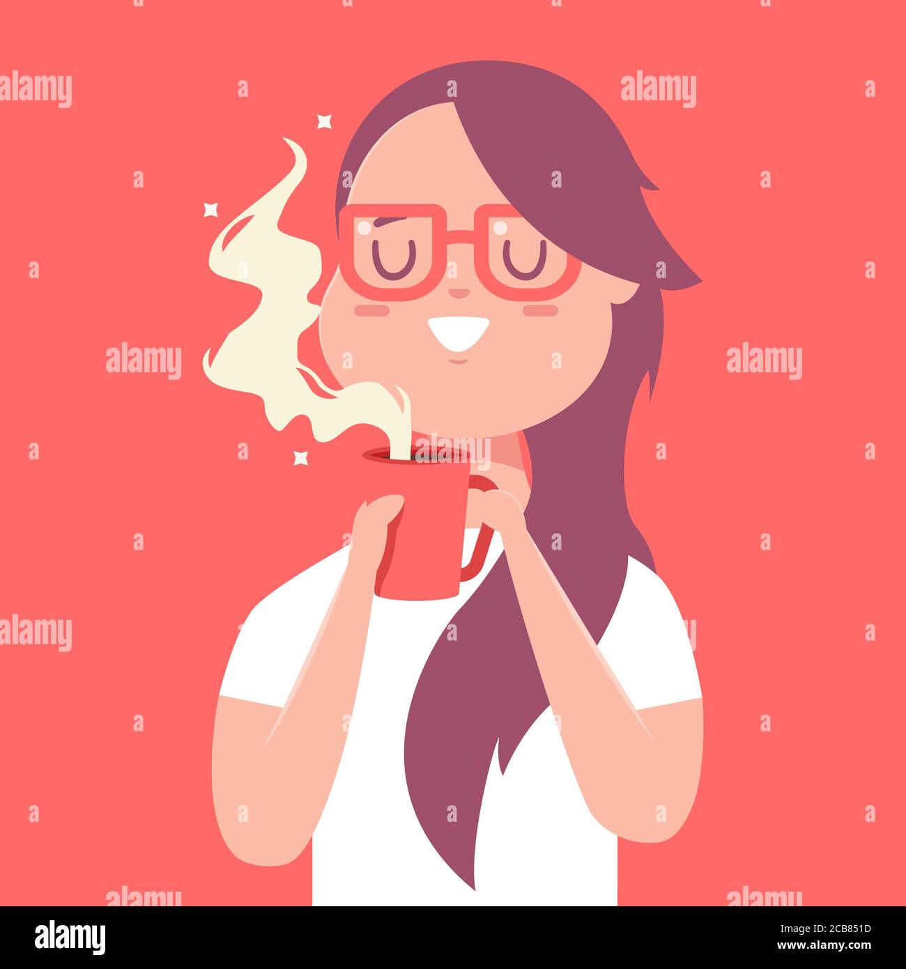 Ragazza carina con una tazza rossa di caffè o tè. Vettore cartone animato donna carattere isolato sullo sfondo. Illustrazione Vettoriale