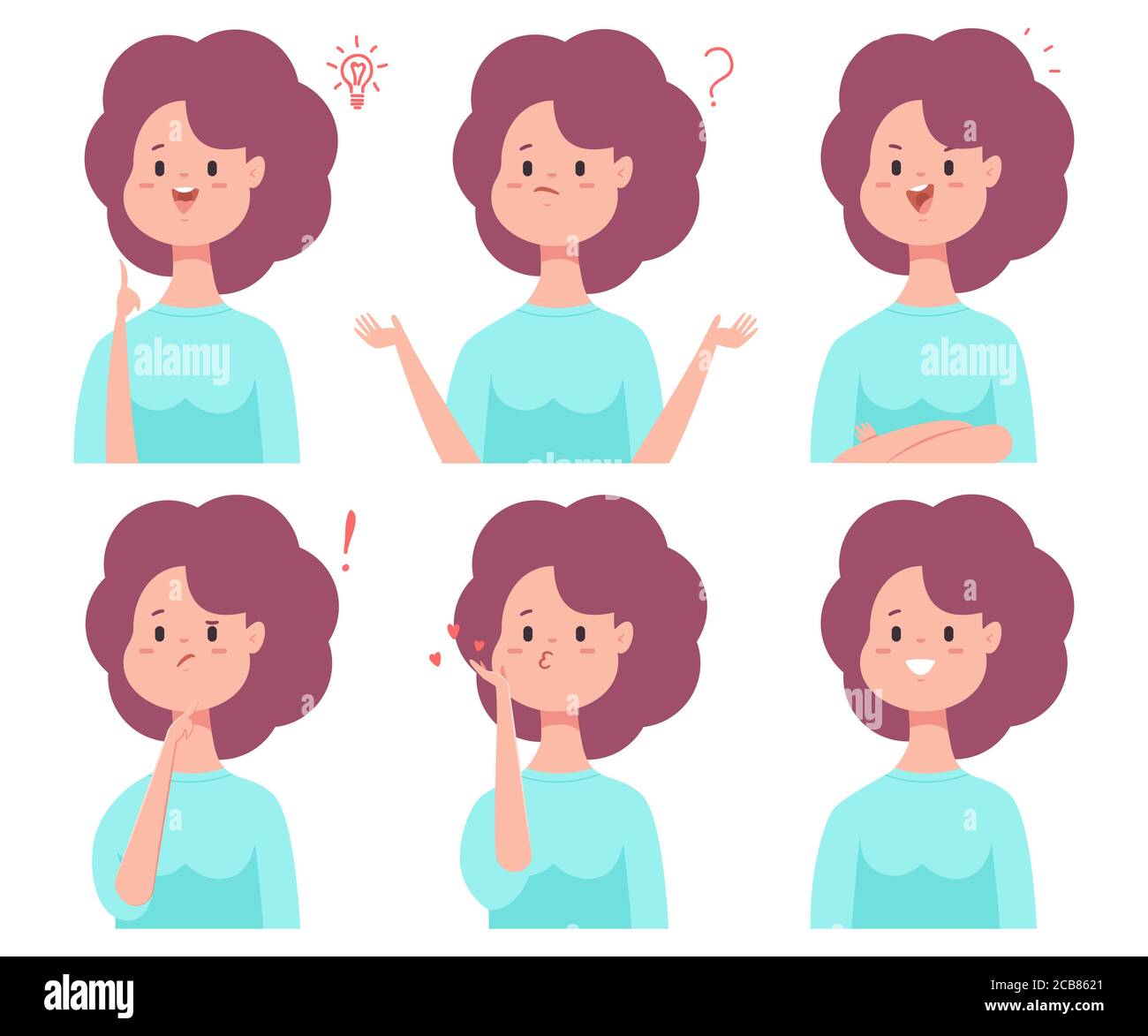 Carino ragazza cartoon con diverse emozioni vettore donna set di caratteri isolato su uno sfondo bianco. Illustrazione Vettoriale