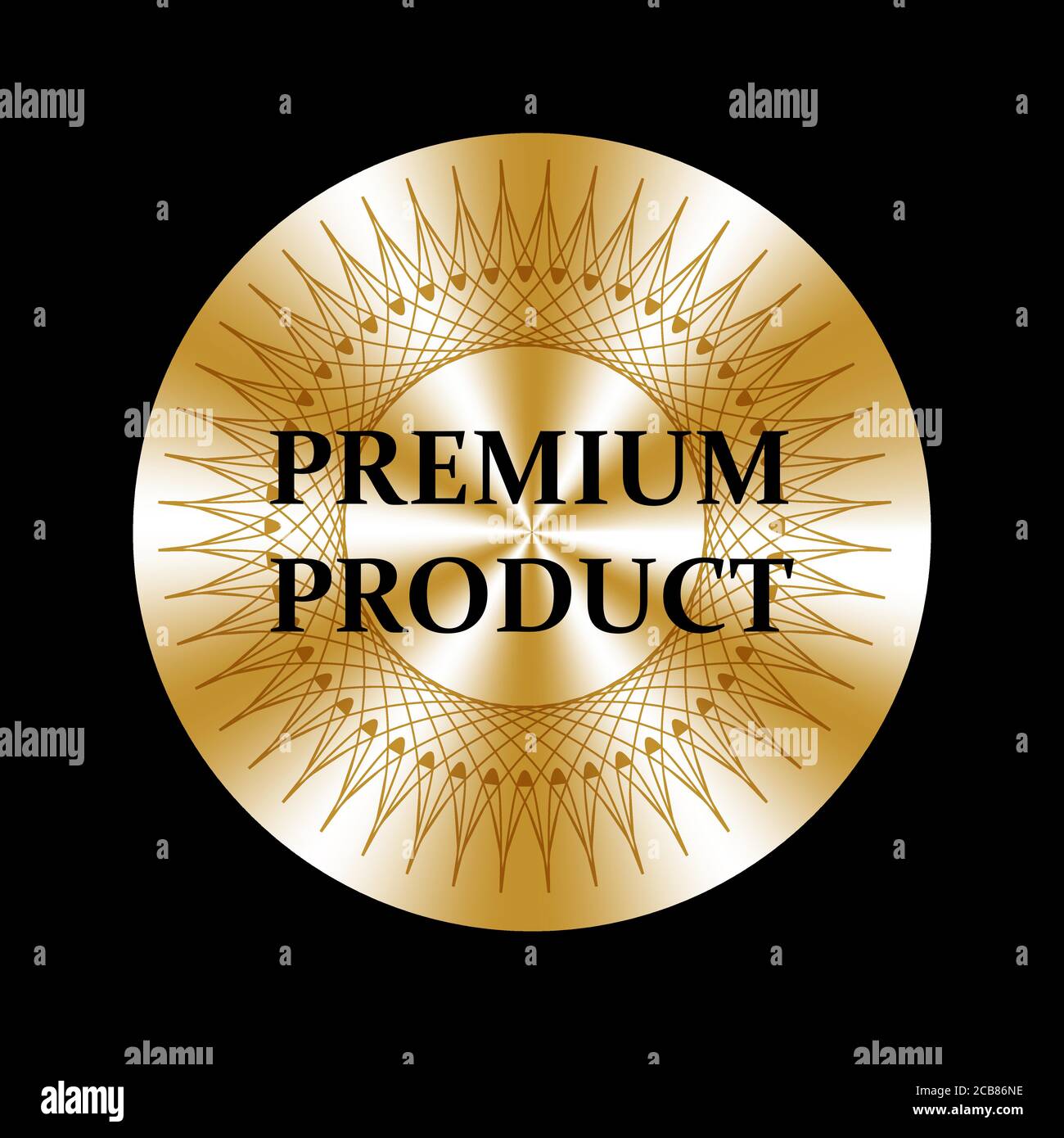 Adesivo rotondo dorato prodotto di alta qualità. Medaglia, premio, segno, icona, logo, tag, timbro adesivo vettoriale dorato per la progettazione di etichette Illustrazione Vettoriale
