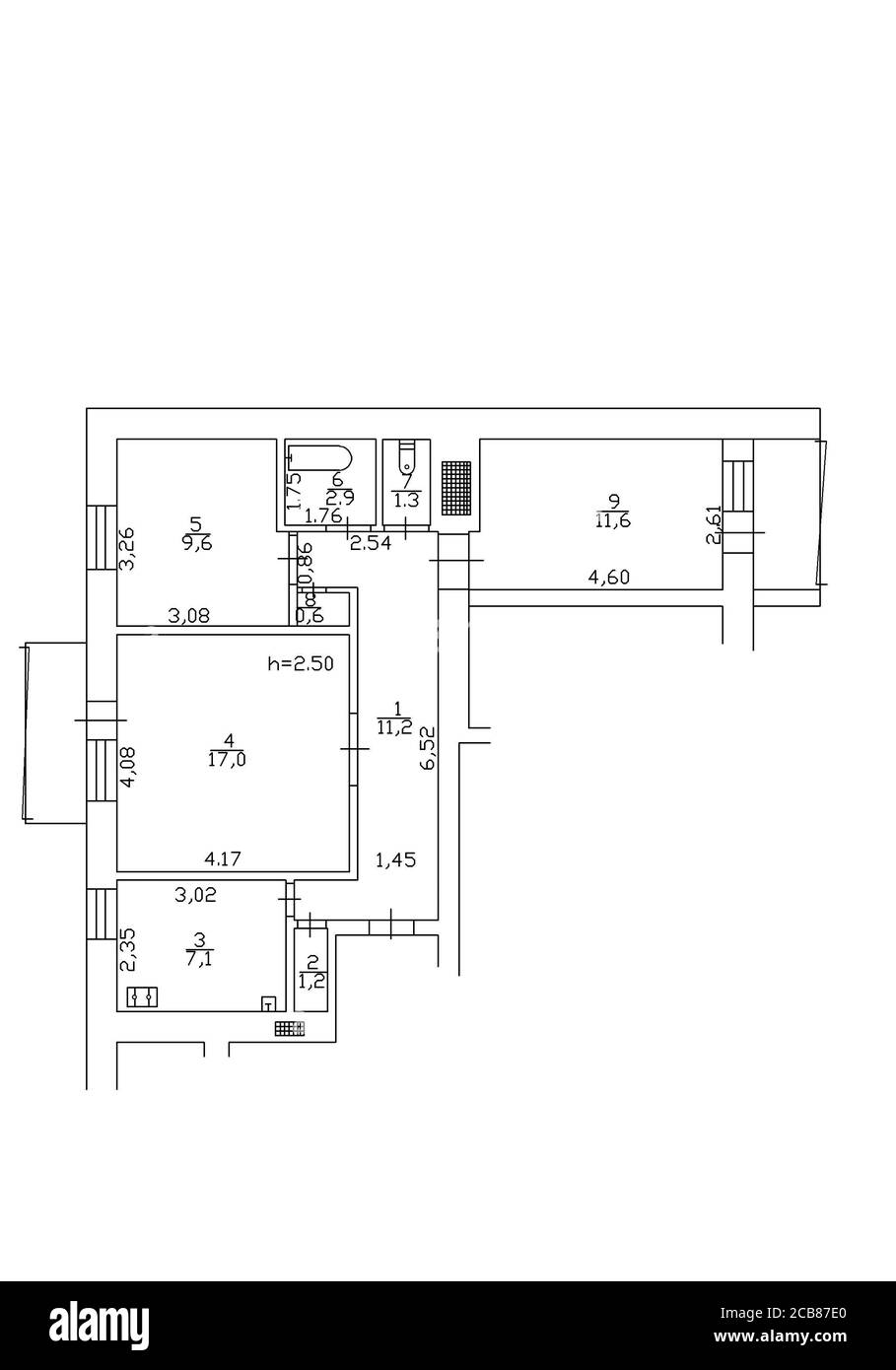 Piano. Appartamento Blueprint con elementi di costruzione. Casa progetto. Foto Stock