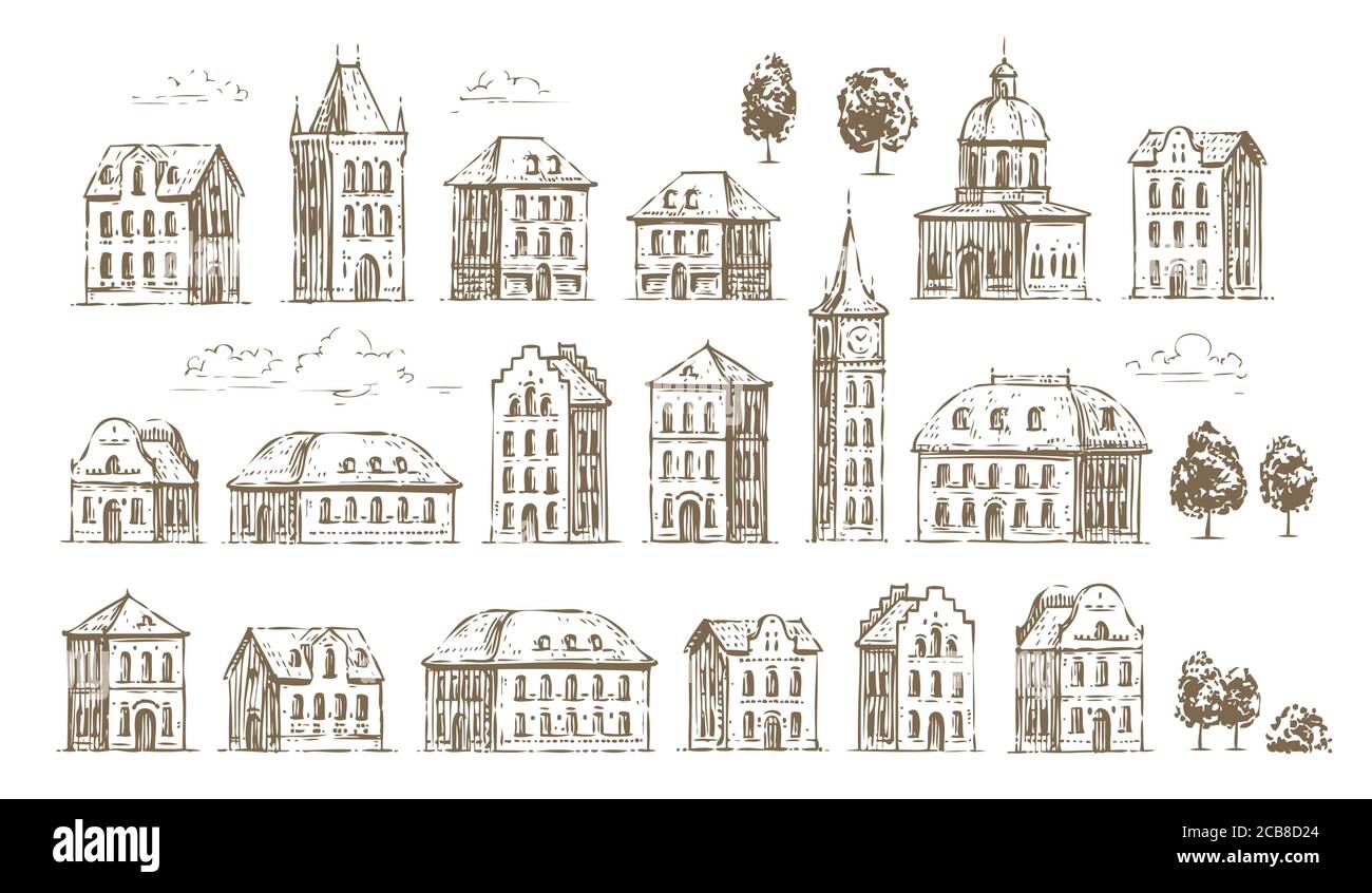 Set di edifici storici disegnati a mano. Vintage schizzo di architettura Illustrazione Vettoriale