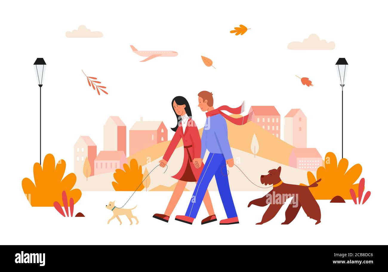 Le persone camminano in autunno città giorno illustrazione vettoriale. Cartoon piatto felice uomo donna amante coppia personaggi tenendo le mani, a piedi con cani da compagnia in autunno paesaggio urbano, rapporto d'amore isolato su bianco Illustrazione Vettoriale