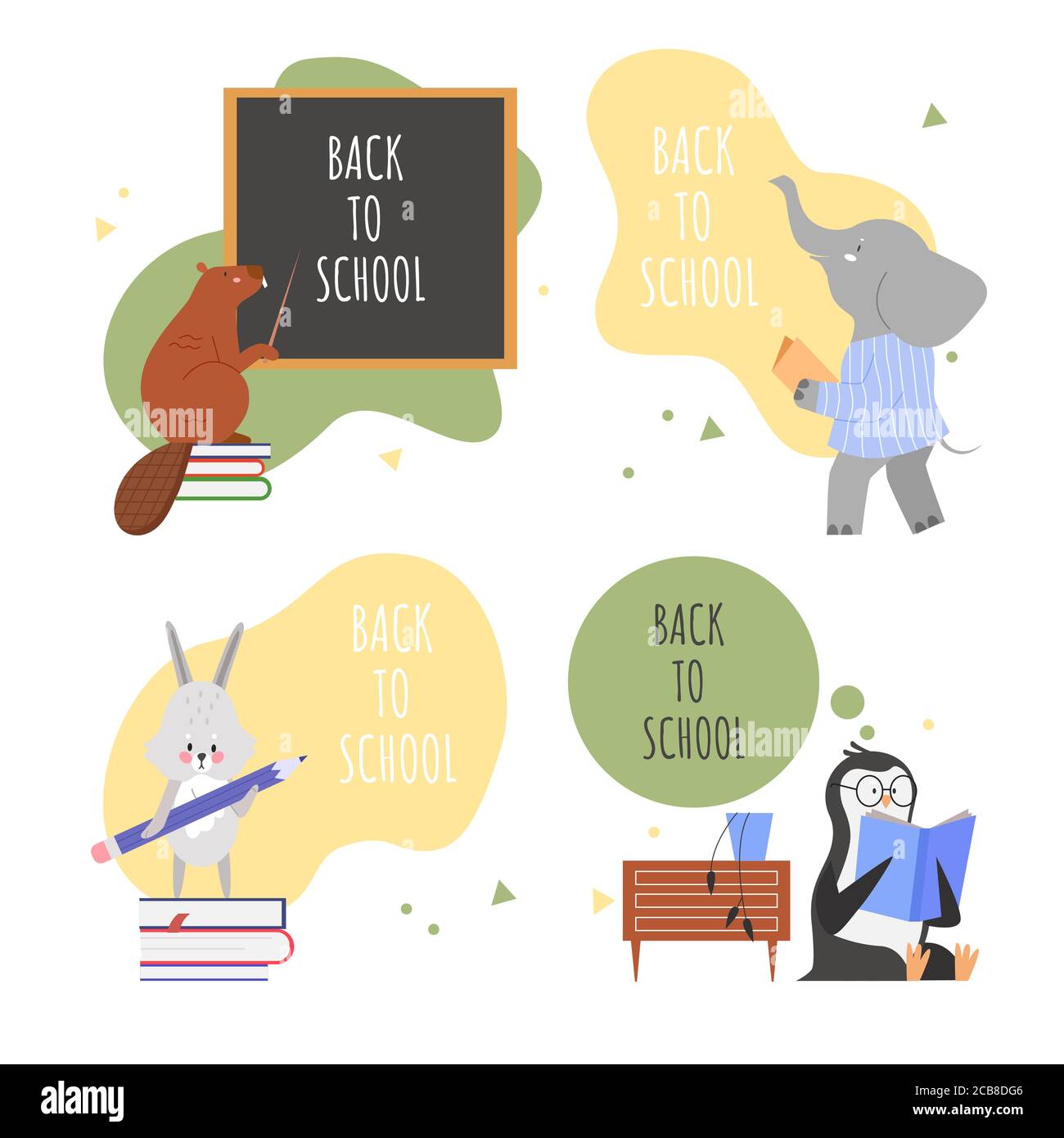 Gli animali tornano a scuola insieme di illustrazioni vettoriali di concetto. Cartoon piano animalistico carino collezione di personaggi con castoro pinguino lepre elefante lezioni di apprendimento e la scuola isolato su bianco Illustrazione Vettoriale