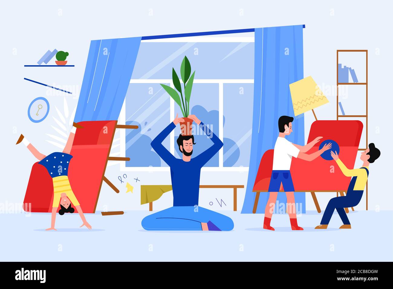 Padre tempo di famiglia con i bambini a casa illustrazione vettoriale. Cartoon piatto dad carattere rilassante e mantenere la calma, facendo yoga in lotus asana, mentre bambini naughty giocare, felice paternità sfondo Illustrazione Vettoriale