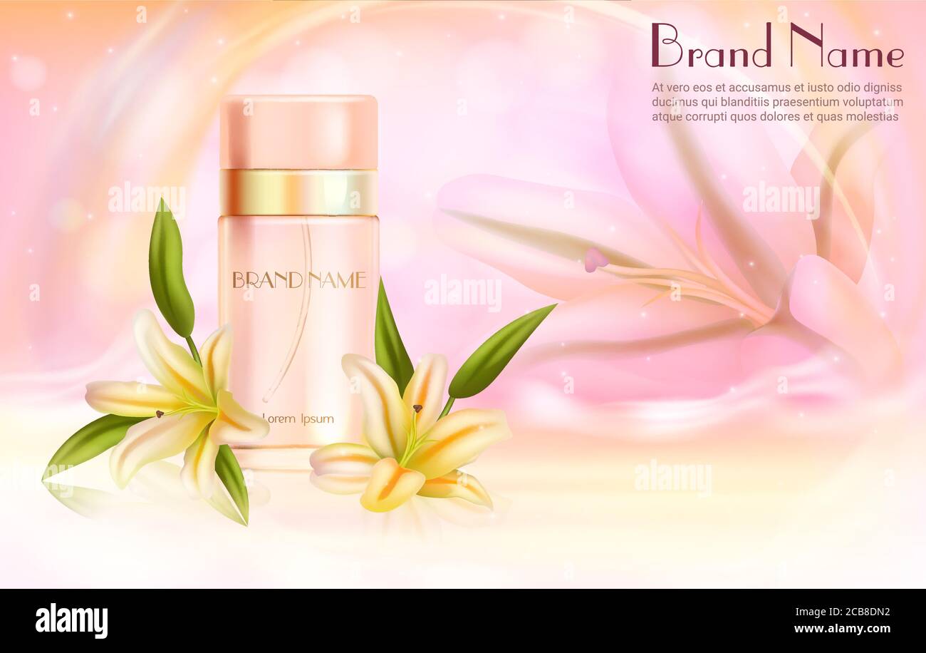 Lily profumo cosmetica illustrazione vettoriale. Profumo profumo fragrante realistico flacone spray e fiori di giglio naturale, fragranza profumata di loto per la pelle, prodotto cosmetico aromatico con fondo profumato naturale Illustrazione Vettoriale