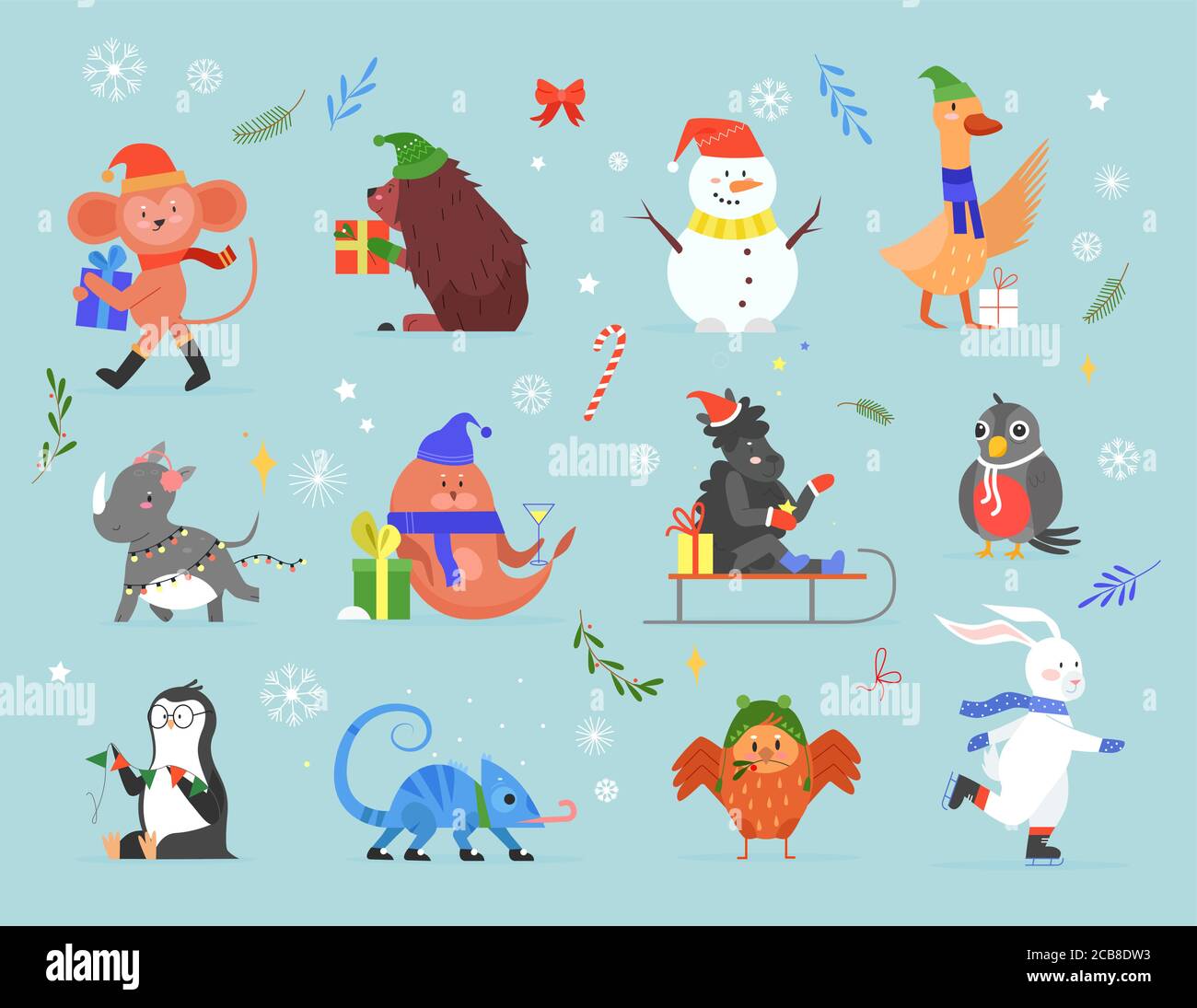 Animal Celebrate Natale vettore illustrazione set. Cartoon collezione di zoo disegnata a mano con animali selvatici xmas personaggi saluto e celebrare le vacanze invernali con regali, bandiere, abbigliamento festivo Illustrazione Vettoriale