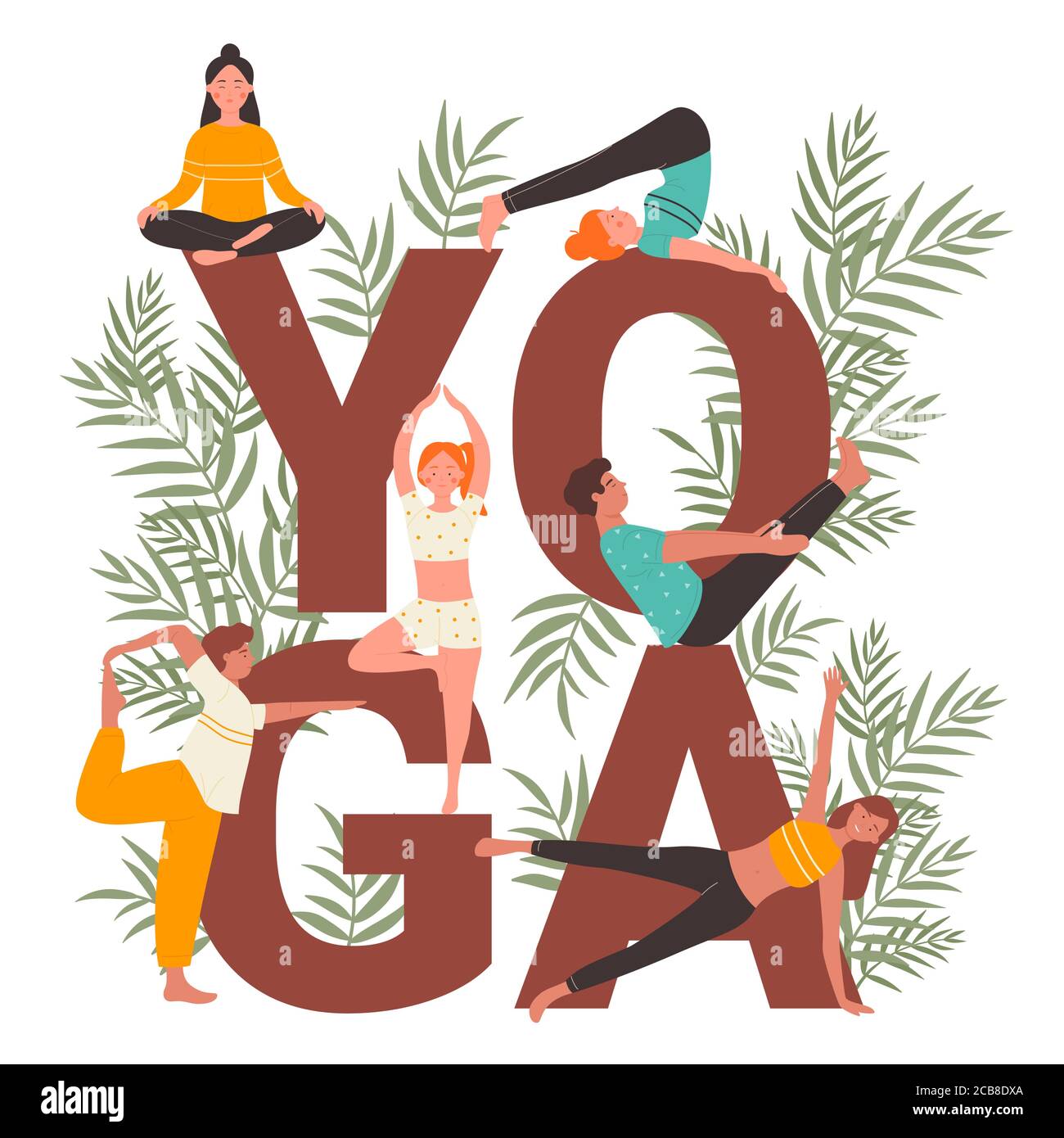 Set di illustrazioni vettoriali per pratica yoga. Cartoon appartamento persone attive che praticano yogi asana, stretching, facendo calma meditazione di loto accanto alla parola grande yoga. Attività di stile di vita sano isolato su bianco Illustrazione Vettoriale