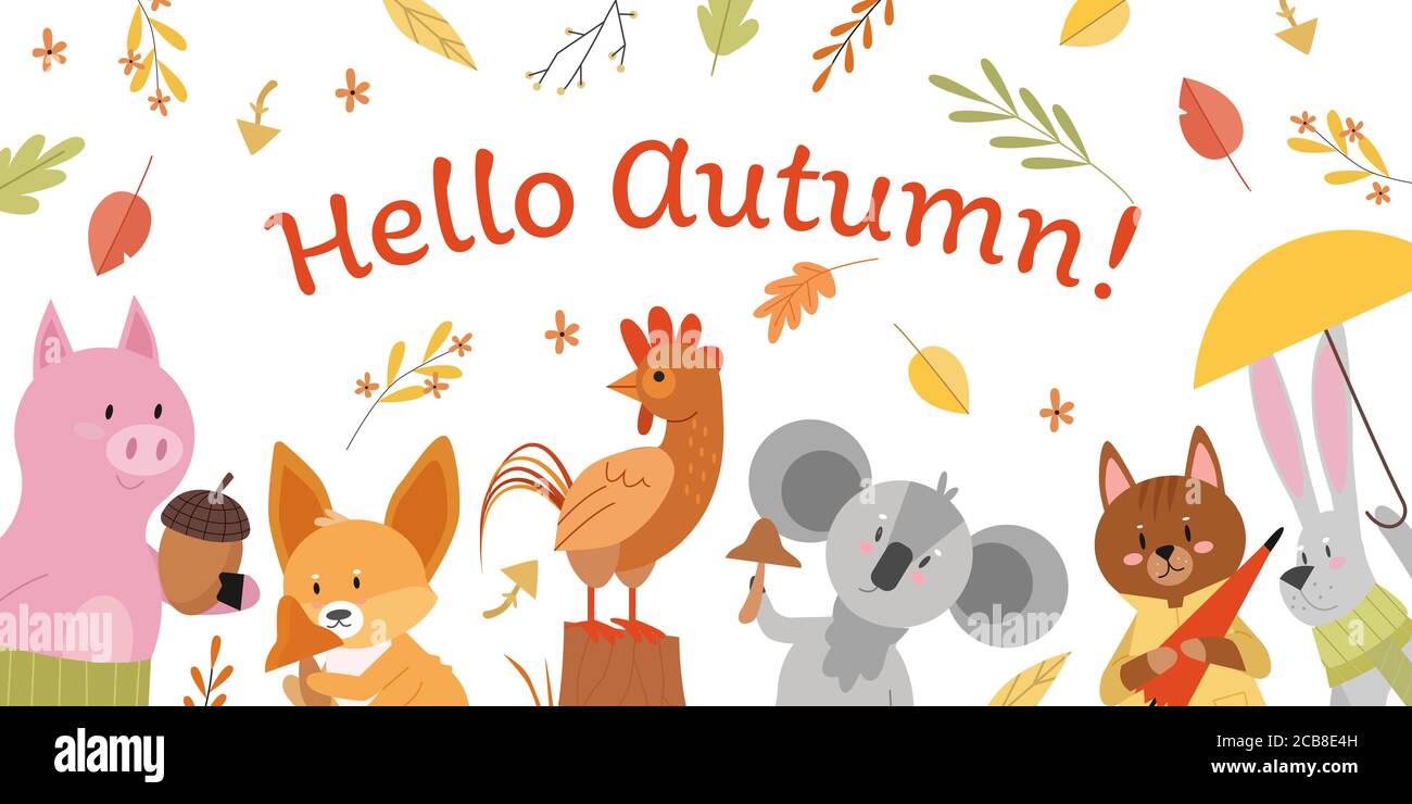 Animali con scritta hello autunnale concetto illustrazione vettoriale. Cartoon piano animalistico foresta autunno sfondo, maiale con acorno autunnale, lepre in sciarpa con ombrello, volpe gallo koala personaggi Illustrazione Vettoriale