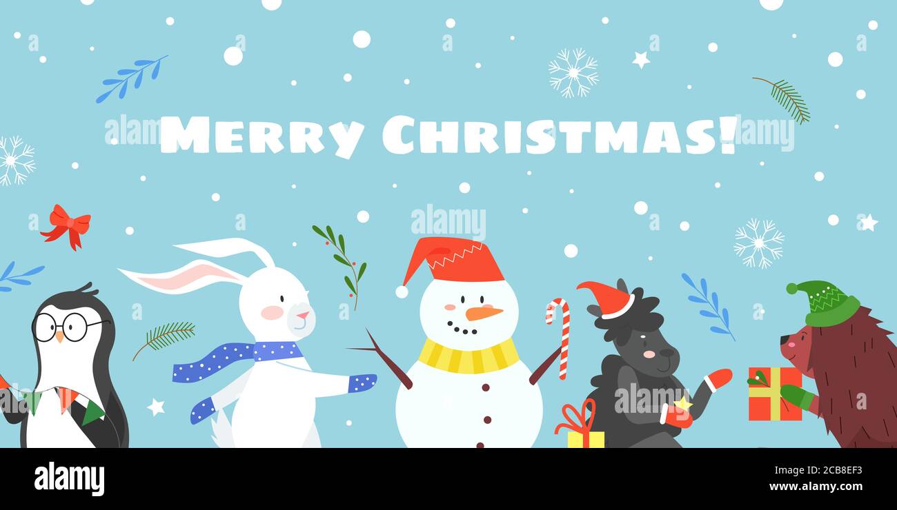 Buon Natale celebrazione piatto vettore illustrazione. Cartoon animali compagni di Natale felice, pecore hedgehog in cappello festivo che tiene regali di Natale, pinguino con bandiere, pupazzo di neve che celebra sfondo Illustrazione Vettoriale