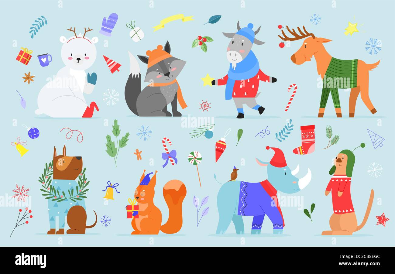 Set di illustrazioni vettoriali per animali di Natale. Cartoon cute collezione di zoo disegnati a mano con divertenti personaggi animali godersi vacanze di Natale, vestiti in costumi invernali o accessori, maglione, cappello e sciarpa Illustrazione Vettoriale