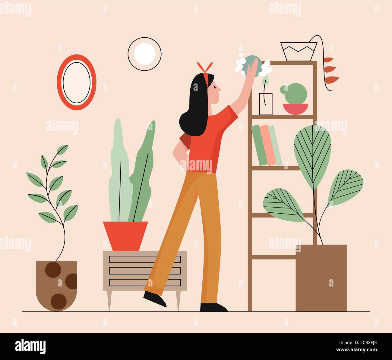 Immagine vettoriale Clean House. Cartone animato piatto felice donna casalinga personaggio lavorando in casa, pulizia casa soggiorno interno con spugna più pulita, casa domestica lavoro quotidiano background di attività Illustrazione Vettoriale