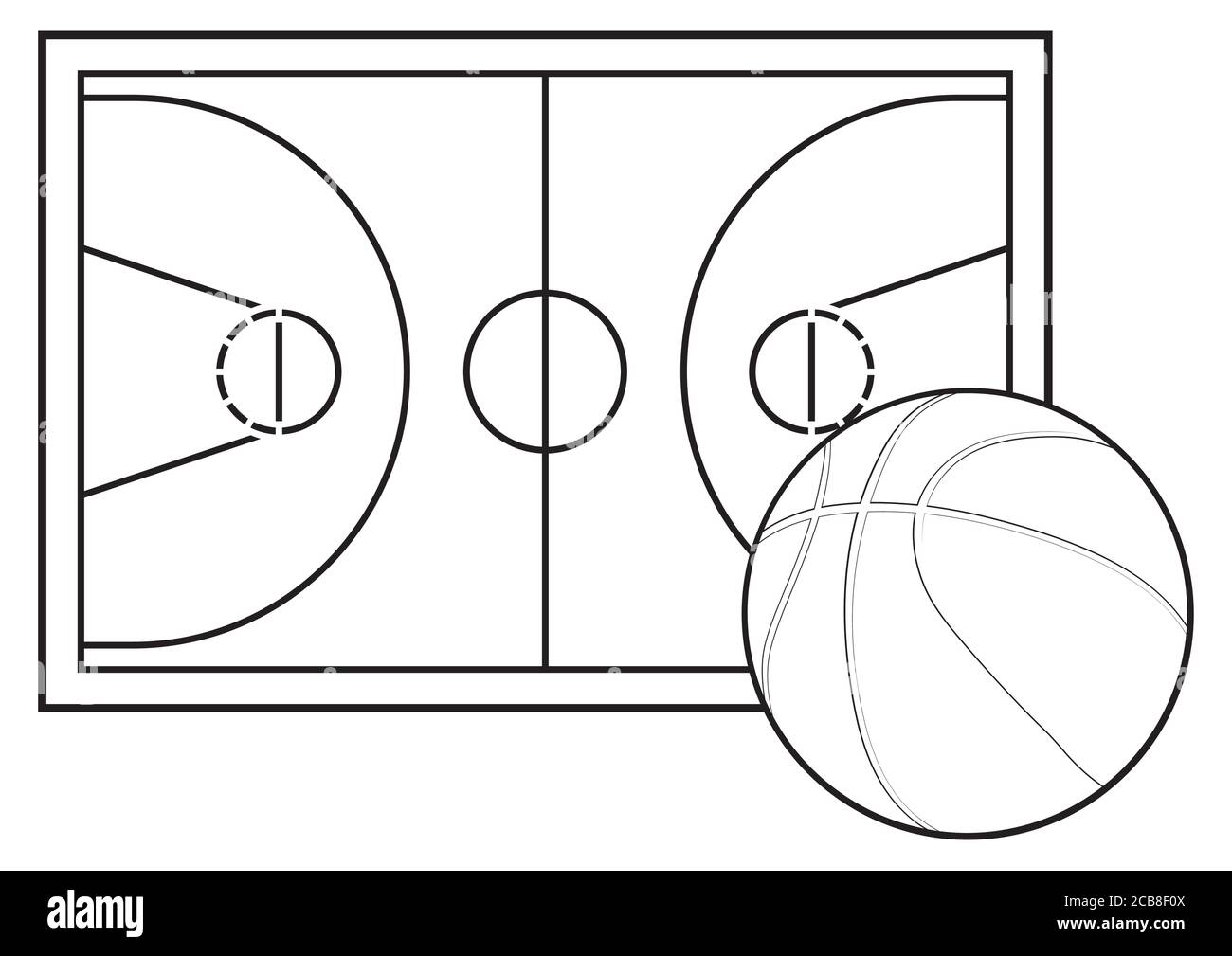 Palla da basket. Pavimento da campo da pallacanestro con linea su fondo di tessitura in legno. Illustrazione Vettoriale