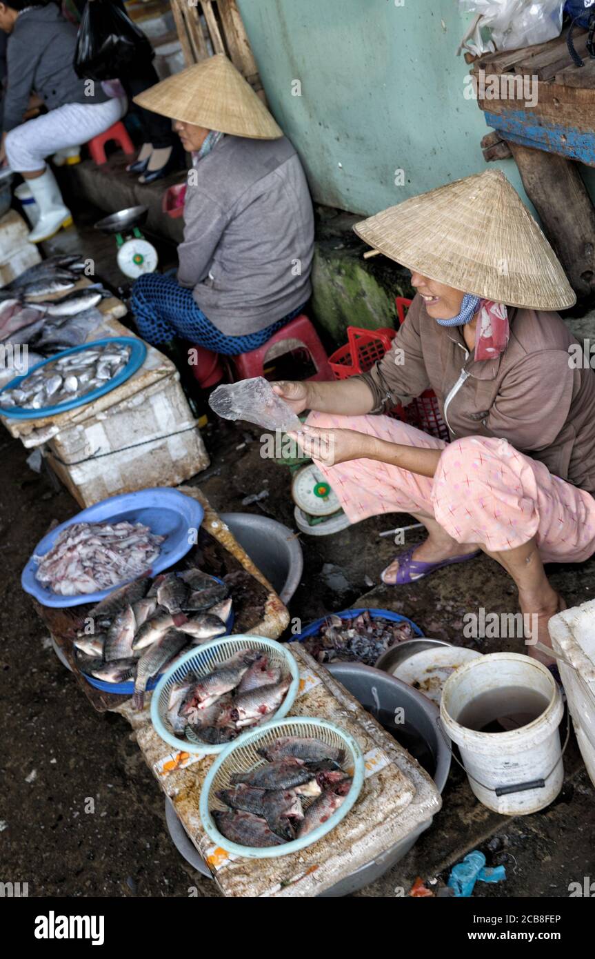Venditori di pesce a Hoi An mercato centrale, Vietnam Foto Stock