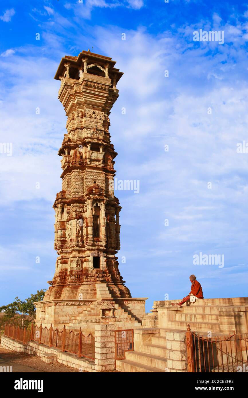 Forte Chittorgarh. Vijaya Stambha torre . Rajasthan, India Foto Stock