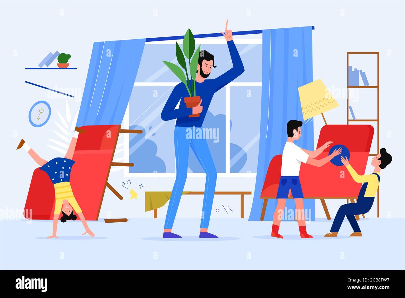 Arrabbiato padre scold bambini illustrazione vettoriale. Cartoon piatto stressato padre personaggio scolding capretti naughty, rendendo il caos nel salotto di casa. Stress di genitorialità, paternità problema di fondo Illustrazione Vettoriale