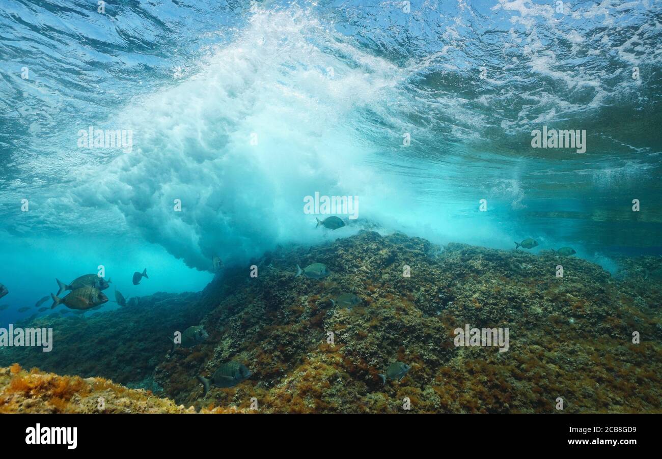 Onde marine subacquee che si infrangono sulla roccia sotto la superficie dell'acqua con alcuni pesci, Mar Mediterraneo Foto Stock