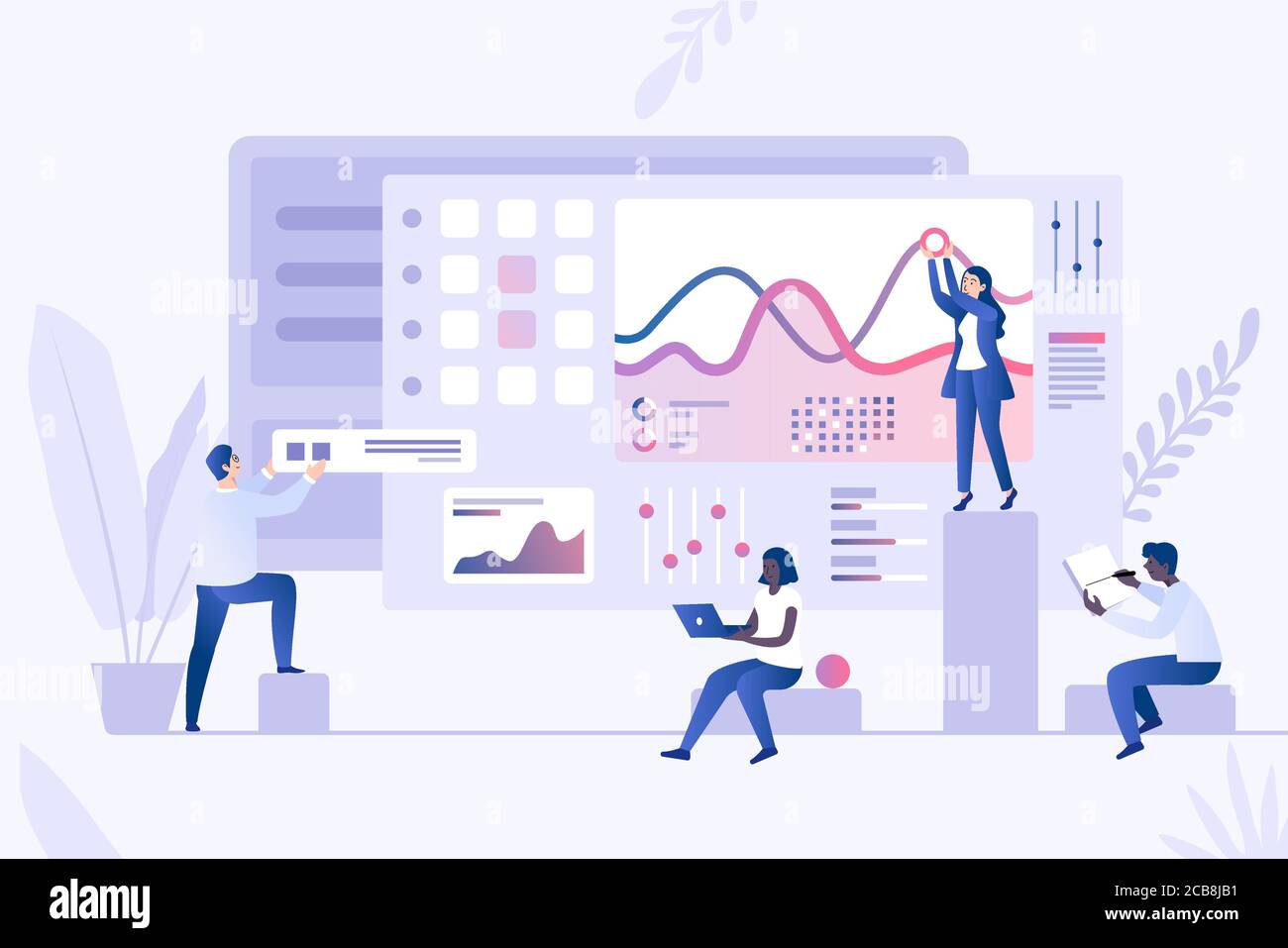 Modello vettoriale concettuale di analisi dei dati. Infografiche, statistiche, concetto 3d di visualizzazione dei dati. Persone che analizzano grafici, ricerche di mercato, analisi web Illustrazione Vettoriale