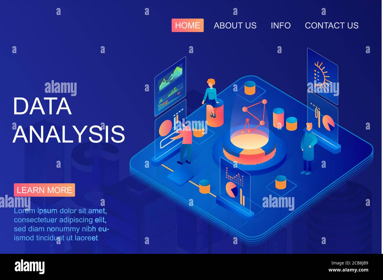 Persone isometriche che lavorano con grafici che utilizzano l'analisi dei dati. Servizio di analisi Web e metriche di marketing. Ricerca sui big data, aziendale e finanziaria. Database, pagina di destinazione per l'archiviazione dei dati Illustrazione Vettoriale