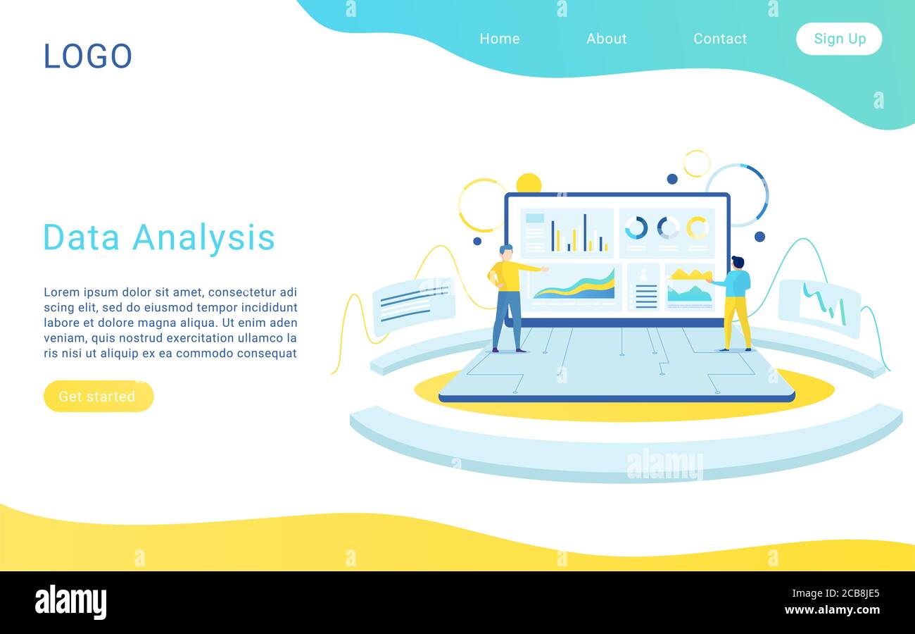 Modello vettore della pagina di destinazione di Web Analytics. Layout di progettazione dei siti Web di analisi dei big data. Persone con computer portatile grafico e grafici. Test di usabilità e illustrazione del concetto 2d per l'esperienza dell'utente Illustrazione Vettoriale