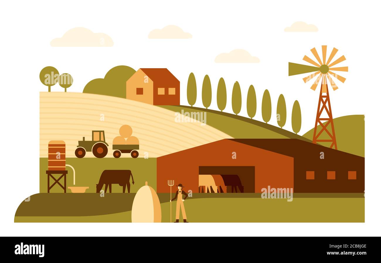 Illustrazione vettoriale flat dell'azienda. Agricoltura business cartoni animati a colori disegno minimo. Campi agricoli, bestiame in fienile, macchinari industriali per trattori. Villaggio, paesaggio rurale. Coltivatore, mulino a vento all'orizzonte Illustrazione Vettoriale