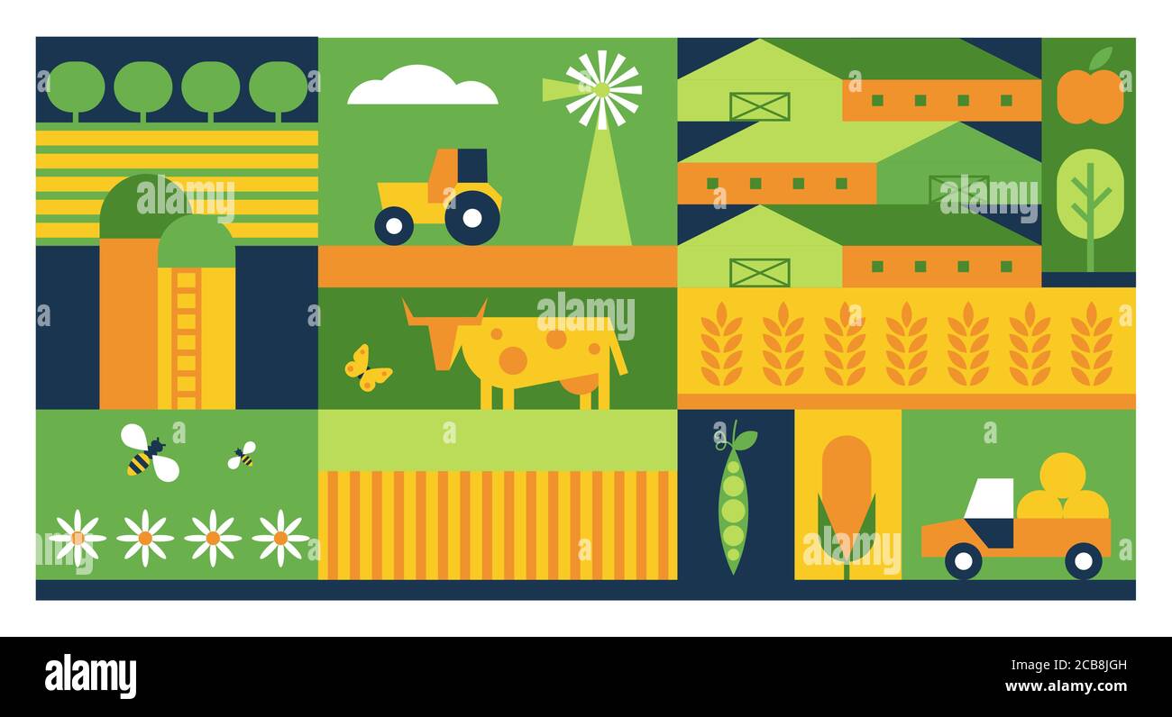 Settore agricolo piatto vettore di fondo. Agricoltura business cartoni animati a colori sfondo. Campi agricoli, coltivazione di piante, trattori industriali illustrazione di macchinari. Prati, allevamento di bestiame Illustrazione Vettoriale