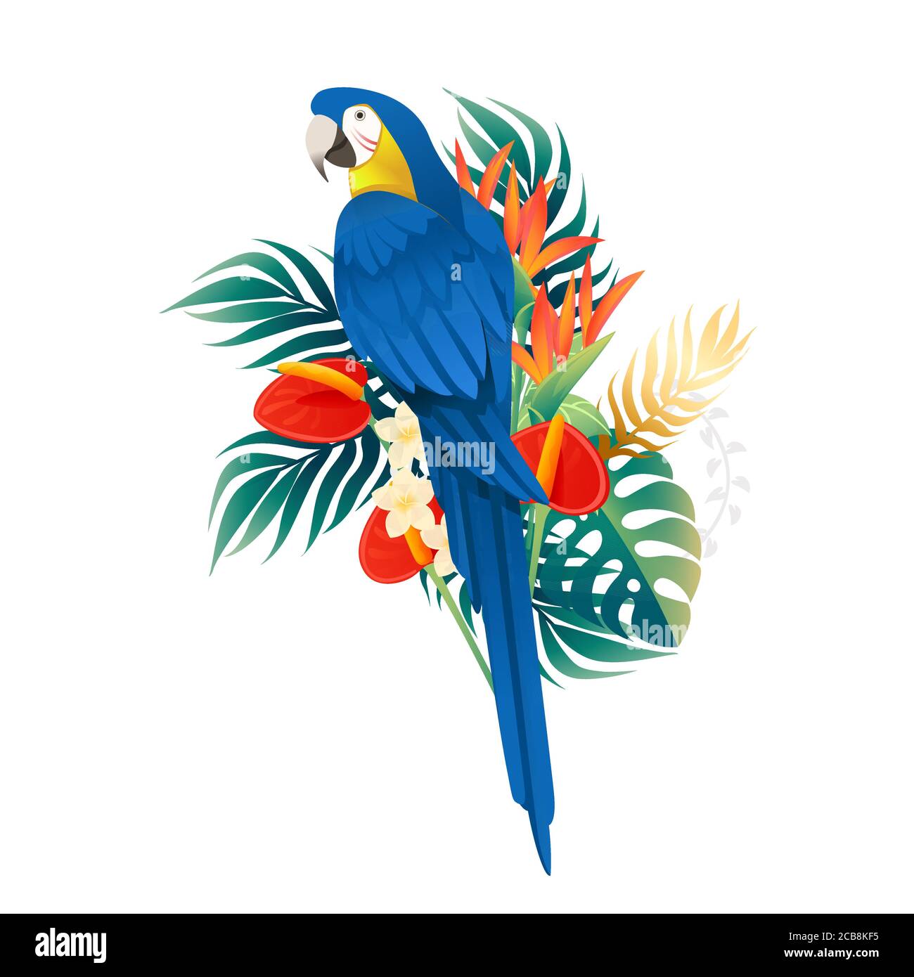 Carino pappagallo Macaw sedersi con foglie verdi e fiore rosso testa cartone animato animale disegno vettoriale piatto illustrazione isolato su bianco sfondo Illustrazione Vettoriale