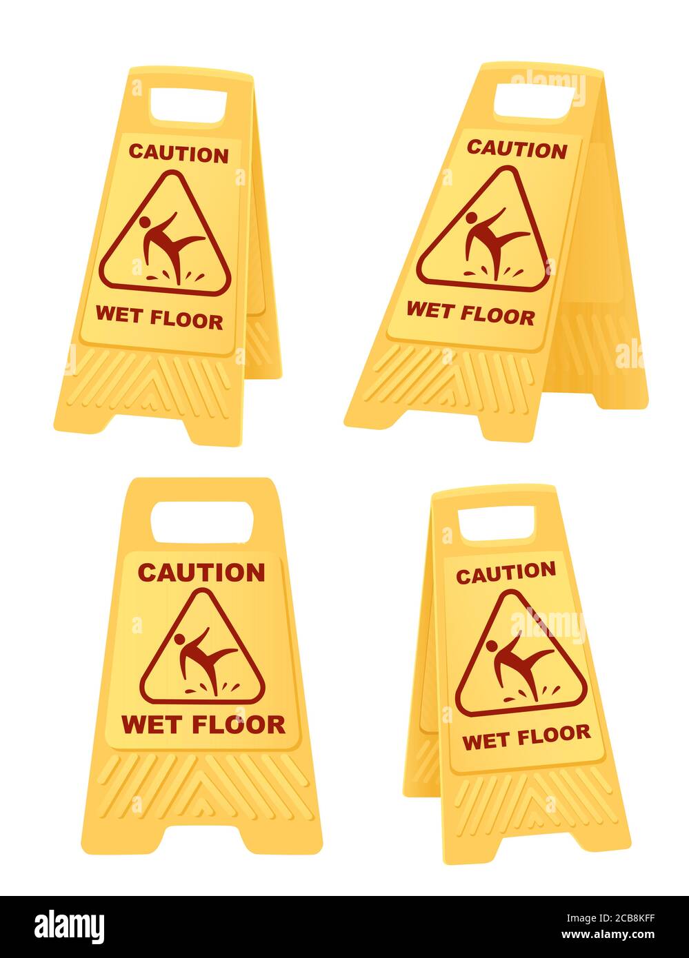 Set di cartelli di avvertenza gialli per il pavimento bagnato con immagine vettoriale piatta icona uomo cadente isolata su sfondo bianco Illustrazione Vettoriale