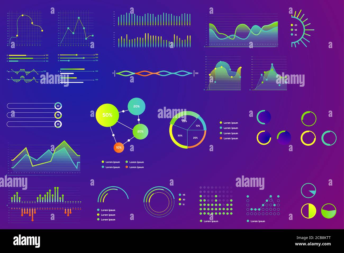 Dashboard grafico per la finanza dei dati in stile neon color moderno, grafici per la finanza aziendale per l'infografica. Dati grafici delle forme d'onda, statistiche 2d e diagrammi volumetrici isolati Illustrazione Vettoriale