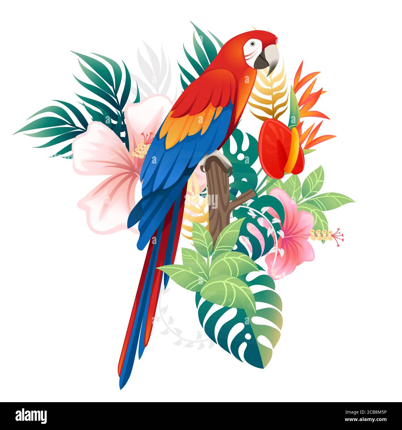 Carino pappagallo Macaw sedersi con foglie verdi e fiore rosso testa cartone animato animale disegno vettoriale piatto illustrazione isolato su bianco sfondo Illustrazione Vettoriale