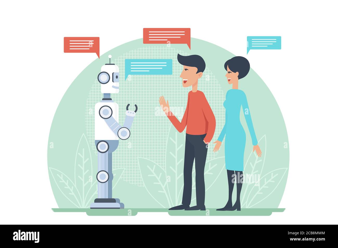 Uomo e donna saluto e parlare con intelligenza artificiale android robot vettore illustration. Cooperazione ai Illustrazione Vettoriale