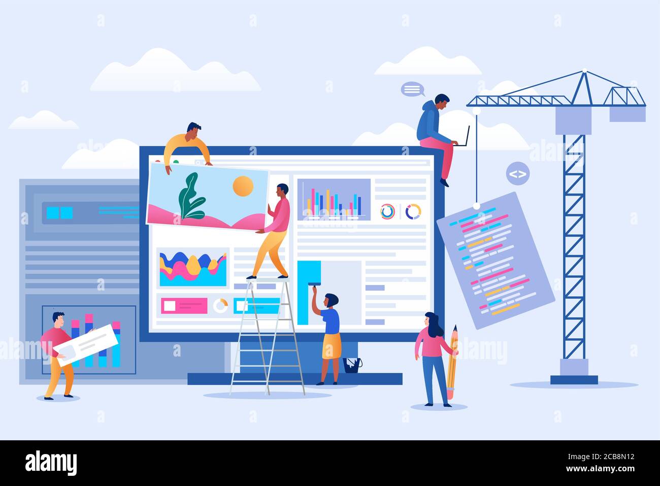 Pagina di destinazione in costruzione. Team professionale che lavora al progetto con il lavoro di squadra. Pagina di manutenzione, errore 404, interfaccia utente, illustrazione vettoriale del concetto di applicazione mobile Illustrazione Vettoriale