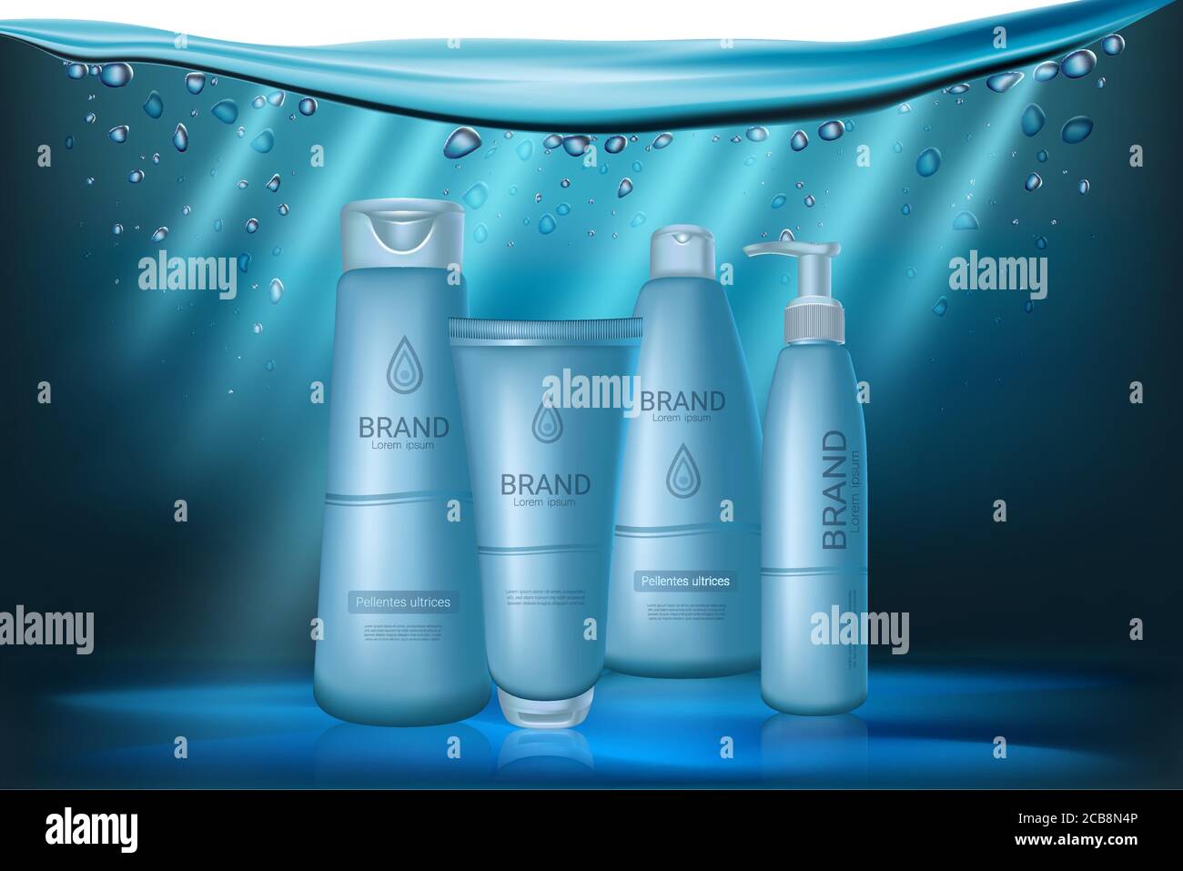 Bebè blu cosmetici biberon mockup. Prodotti per la cura del corpo e per la cura dei capelli su sfondo subacqueo. Modello di design del contenitore. Modello banner annuncio vettoriale. Identità del marchio. Poster promozionale Illustrazione Vettoriale