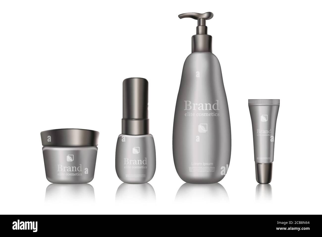 Bottiglie con marchio cosmetico grigio bianco con confezione con logo del marchio mockup. Modello banner pubblicitario. Prodotti realistici per la cura della pelle con riflessi su sfondo chiaro mock-up Illustrazione Vettoriale