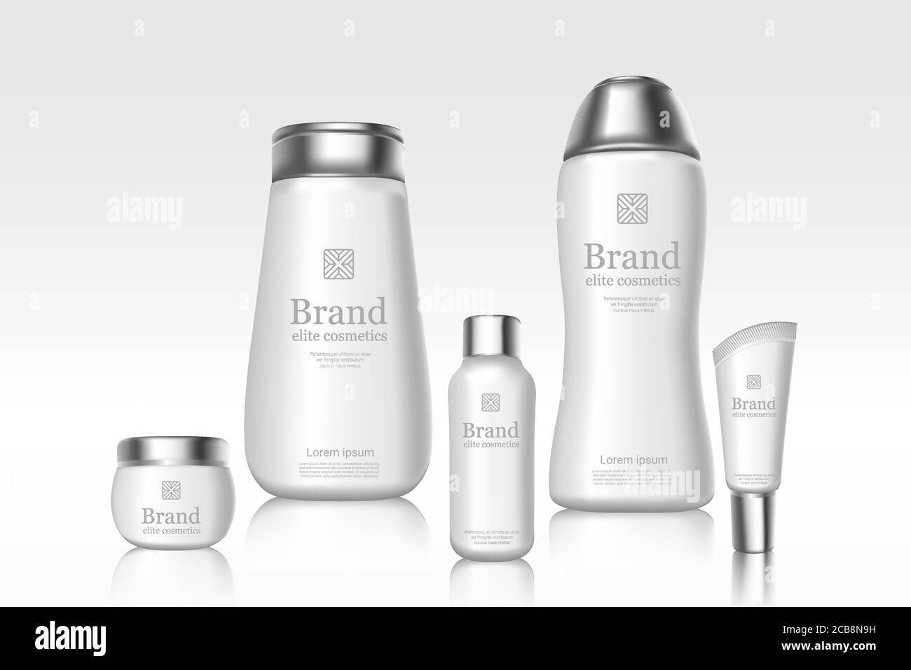 Bottiglie di marca per cosmetici bianchi con mockup del design del pacchetto con il logo del marchio. Modello banner pubblicitario. Prodotti per la cura della pelle con riflessi su sfondo chiaro mock-up. Poster degli annunci vettoriali illustrazioni 3D. Illustrazione Vettoriale