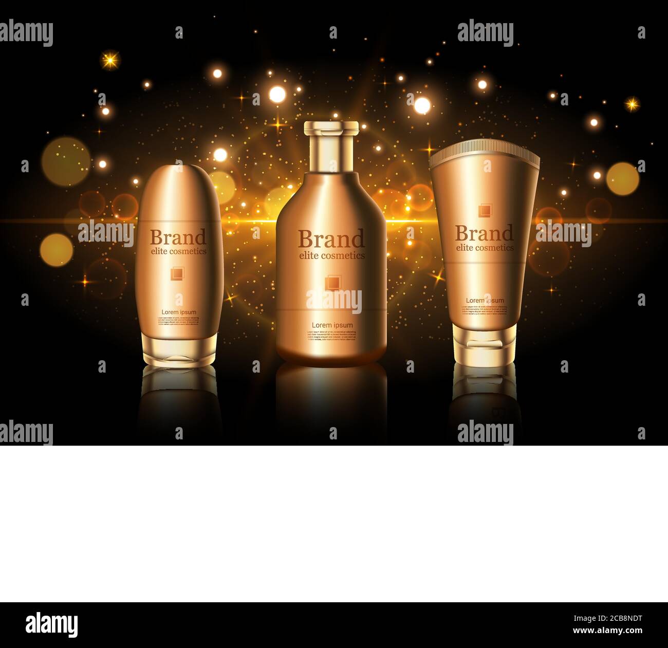 Bottiglie per la cura della pelle in oro con mockup con logo del marchio. Banner pubblicitario. Confezione di prodotti per la cura dei capelli su sfondo marrone scuro con scintille. Identità del marchio. Mock up vettoriale con illustrazioni 3D Illustrazione Vettoriale