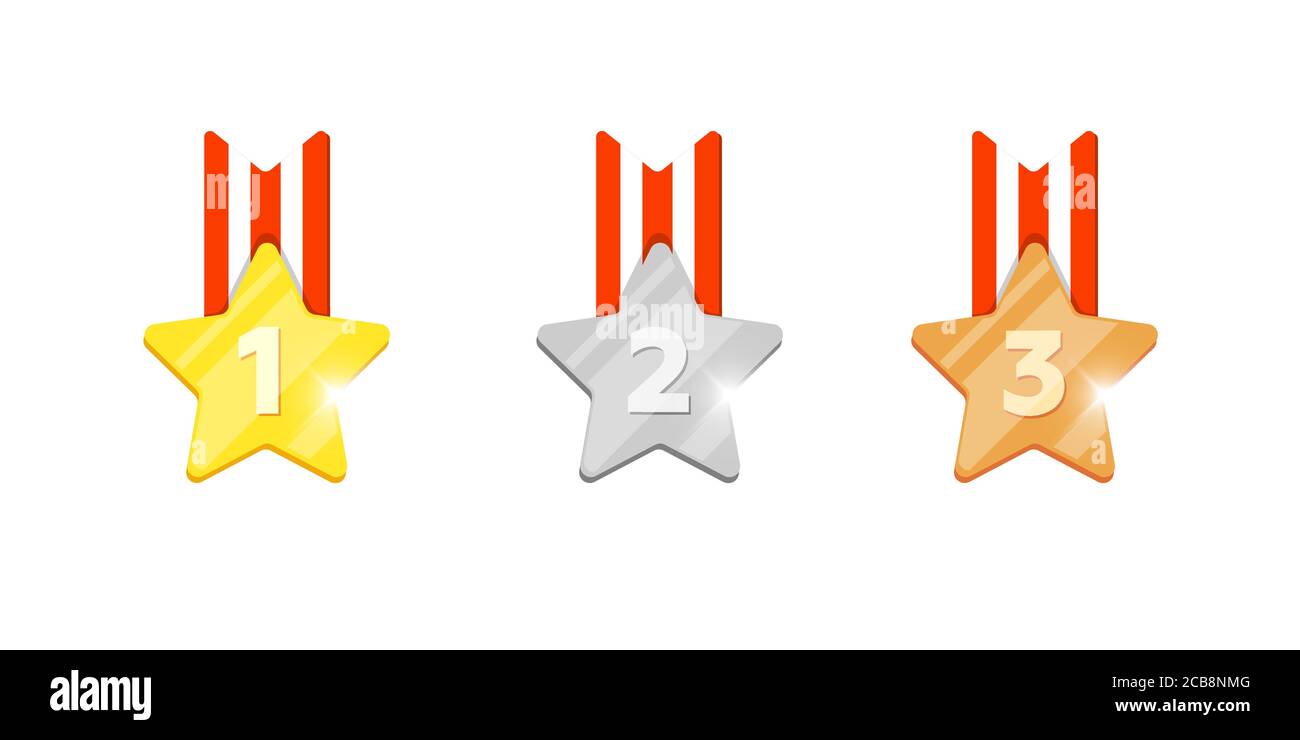 Medaglia d'oro in bronzo d'argento con il primo secondo terzo posto numero per l'animazione di videogiochi per computer o app mobili. Vincitore trofeo bonus Achievement award icone flat eps vettore illustrazione Illustrazione Vettoriale