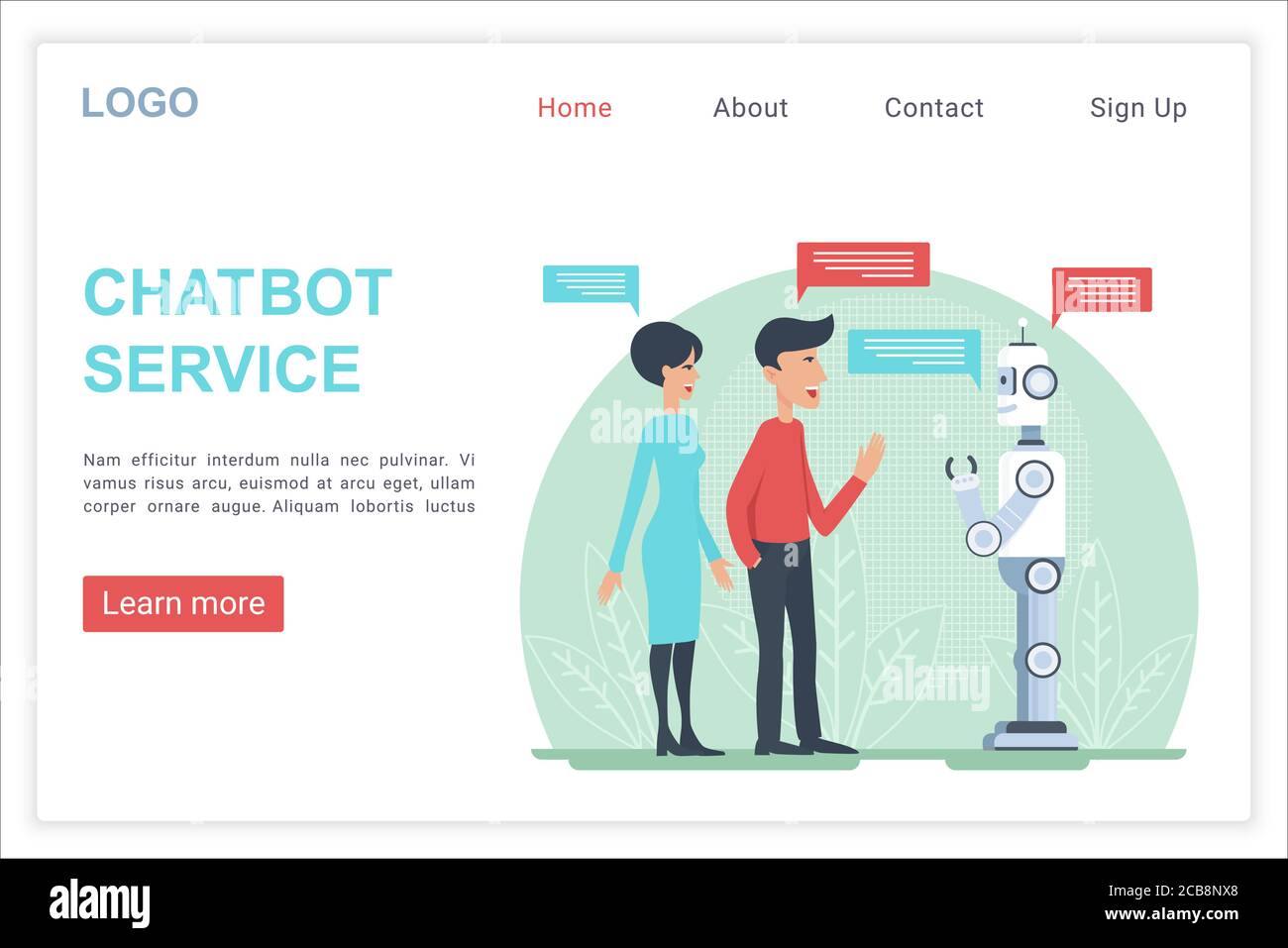 Modello vettore della pagina di destinazione del servizio chatbot. Moderna tecnologia ai homepage sito web interfaccia idea con flat vettoriale illustrazioni. Apprendimento automatico, web banner di assistenza internet concetto cartoon Illustrazione Vettoriale