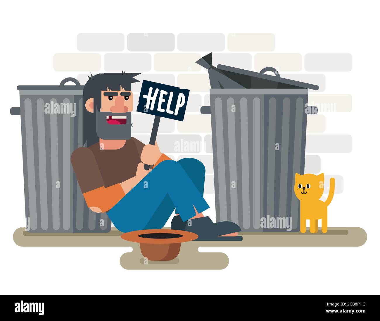 Senzatetto uomo povero triste si siede sul terreno vicino contenitori di rifiuti con aiuto piatto e illustrazione vettore di gatto. Illustrazione Vettoriale