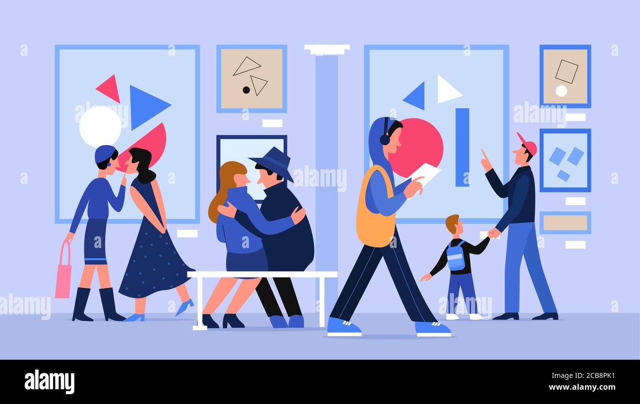 Museo galleria d'arte illustrazione vettoriale. Amanti dell'arte, coppie e famiglie, visitatori della galleria che guardano i dipinti, persone in sala museo caratteri piatti. Mostra d'arte moderna, esposizione fotografica Illustrazione Vettoriale