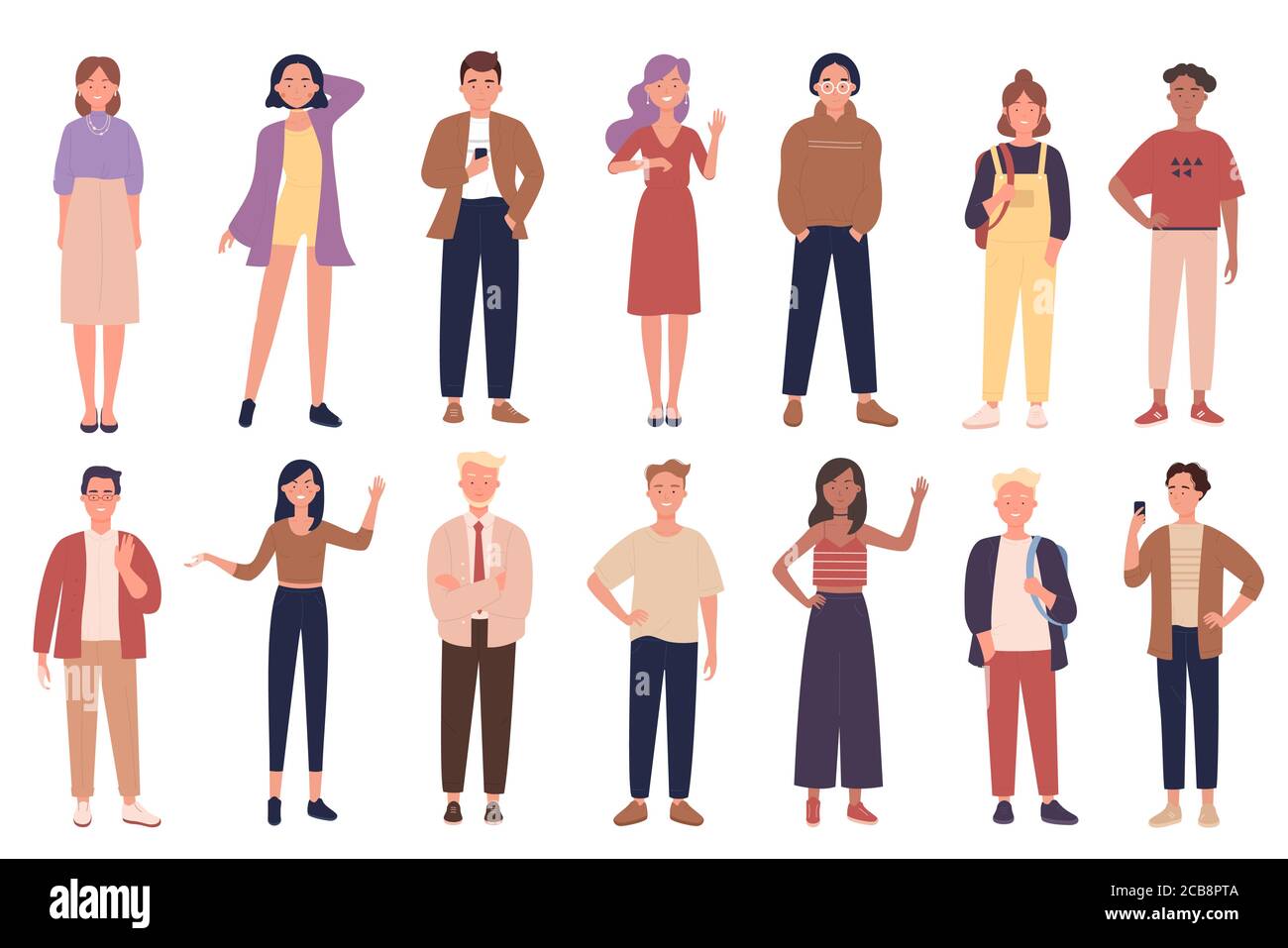 Persone che indossano abiti casual vettoriale illustrazioni set. Elegante collezione di personaggi piatti uomo e donna. Moda giovanile, diversi stili di abbigliamento di strada, donne alla moda e abiti da uomo Illustrazione Vettoriale