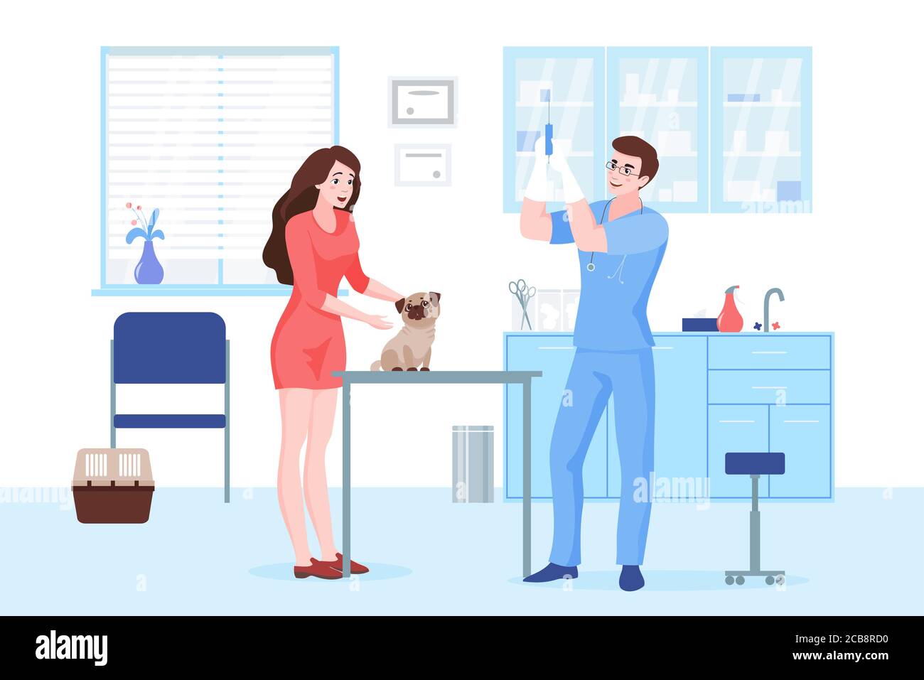 Vet Clinic Visit flat Vector illustrazione. Allegra giovane donna con pug e veterinario cartoni animati. Trattamento degli animali domestici, vaccinazione degli animali domestici. Ospedale veterinario, servizio medico Illustrazione Vettoriale