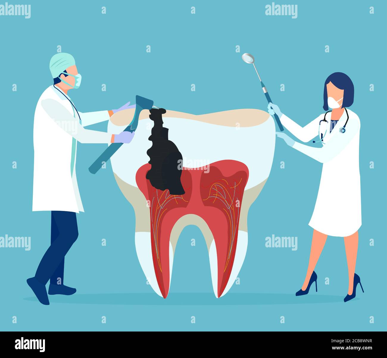 Vettore di un dentista e il suo assistente che tratta il dente malsano con decadimento, perforazione Illustrazione Vettoriale