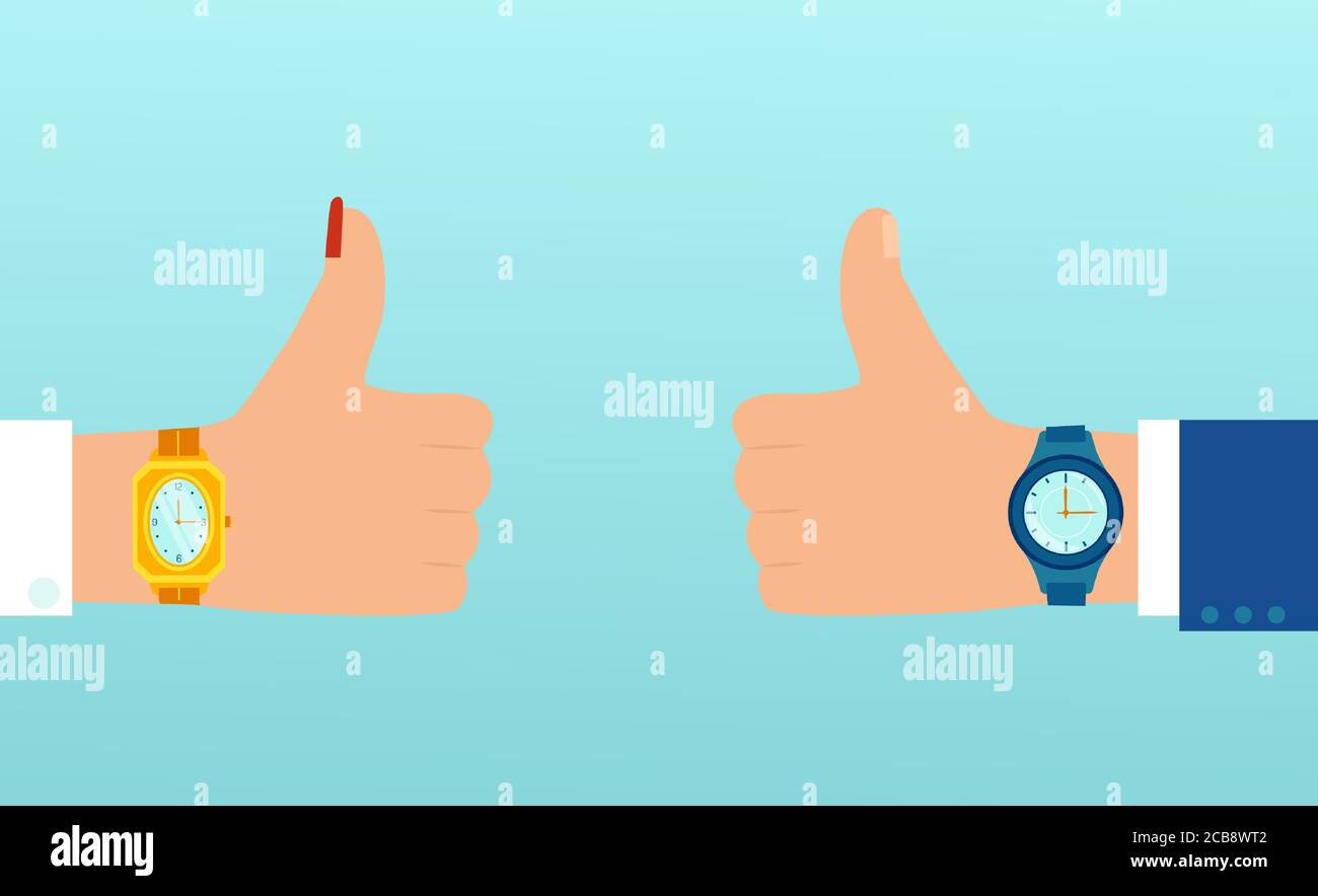 Vettore di un uomo e di una donna mani con orologio da polso mostrare i pollici in su essere in tempo Illustrazione Vettoriale
