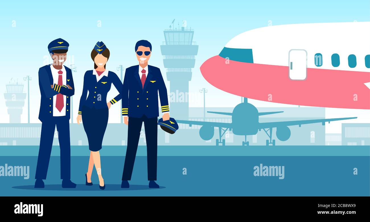 Vettore di un pilota di squadra di volo, capitan e steward in piedi su uno sfondo di aeroplano Illustrazione Vettoriale