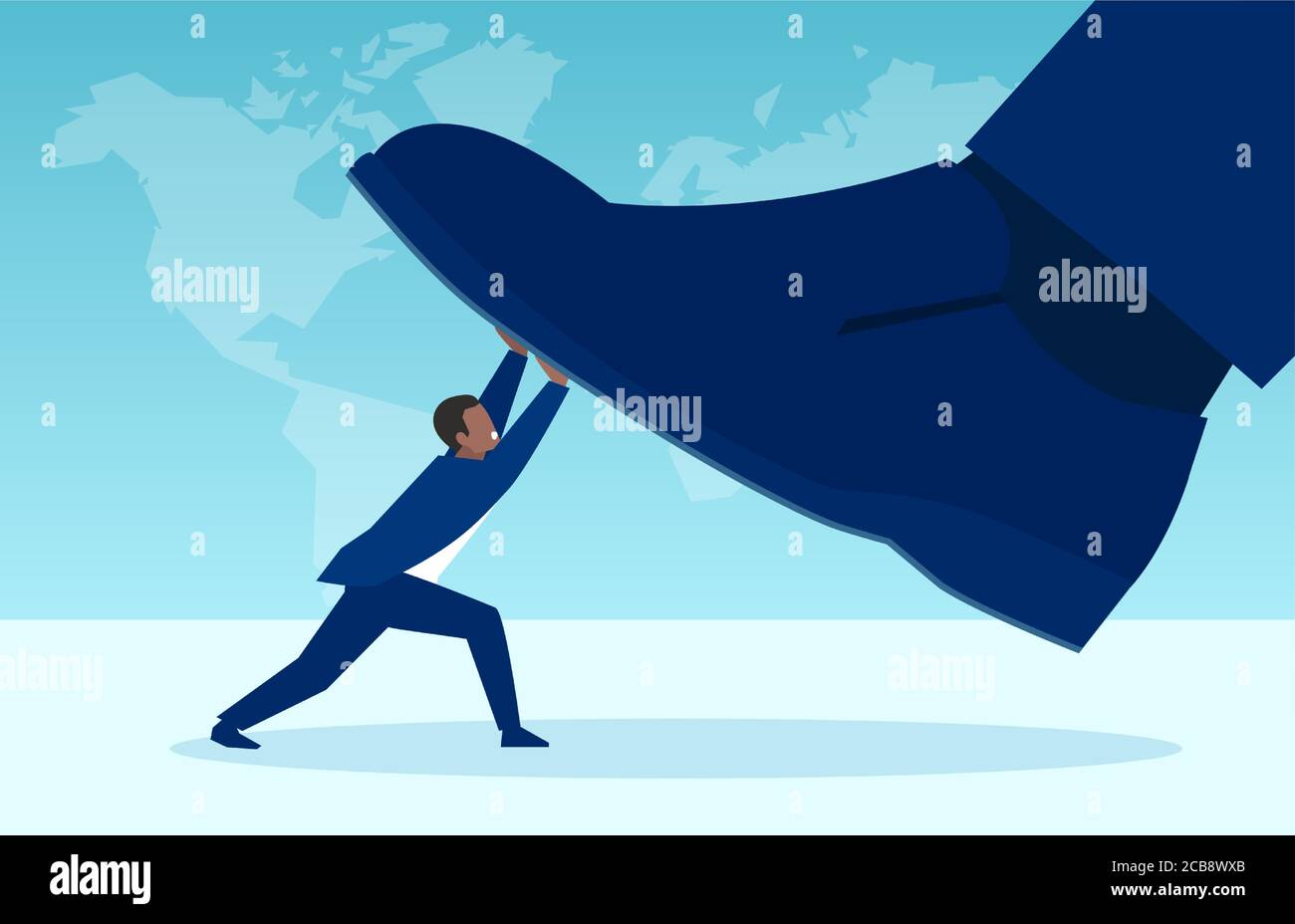 Vettore di un piccolo imprenditore afro-americano che combatte un grande boss, resistendo alla pressione del piede Illustrazione Vettoriale